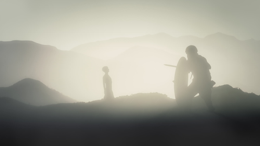 David and Goliath Ready for Battle