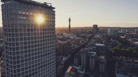 Establishing Aerial View Shot of London UK, Light blast into lens, United Kingdom