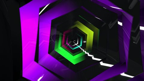Abstract background from hypnotic moving of hexagon. Glowing tunnel with colorful neon lights. 3d rendering digital animation with futuristic background. Web design of geometric illusion.