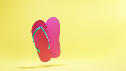 Pink summer women slippers for beach, pool or bathroom, rubber girl shoes for household or sea vacation. 3d animation mockup of flip flops isolated on yellow background, plastic sandals with thong.