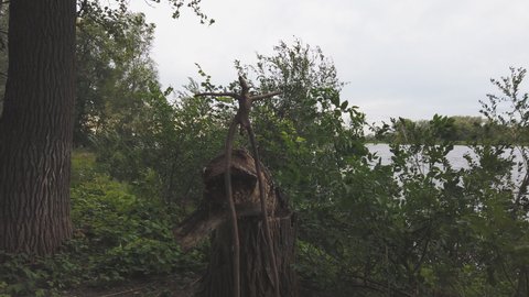 A wooden snag in the form of a pagan idol against the overcast sky and forest