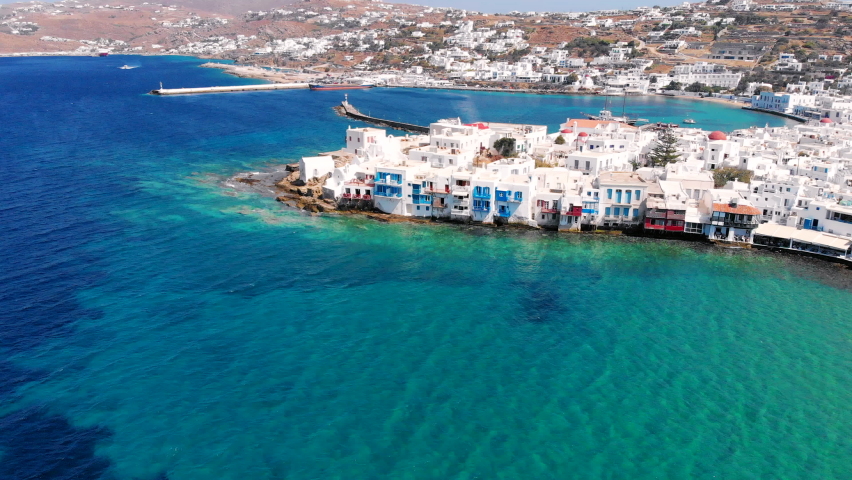 Aerial view of little Venice seafront neighborhood and old port of Mykonos island, Greece. Royalty-Free Stock Footage #1069794580