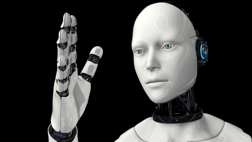 Artificial intelligence. Futuristic humanoid robot moves its head, eyes and scans, studies the movement of his hand. The camera is slowly moving away the robot. On a black background. 3D animation. Royalty-Free Stock Footage #1069796173