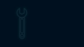 Glowing neon line Wrench icon isolated on black background. Spanner icon. 4K Video motion graphic animation.