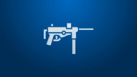 White line Submachine gun M3, Grease gun icon isolated on blue background. 4K Video motion graphic animation.