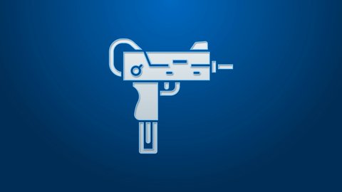 White line UZI submachine gun icon isolated on blue background. Automatic weapon. 4K Video motion graphic animation.