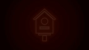 Glowing neon line Bird house icon isolated on black background. Nesting box birdhouse, homemade building for birds. 4K Video motion graphic animation.