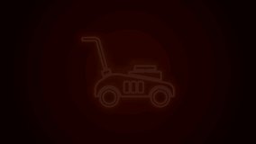 Glowing neon line Lawn mower icon isolated on black background. Lawn mower cutting grass. 4K Video motion graphic animation.