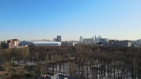 Moscow, Russia - 03.29.2021: Panoramic view of the dynamo stadium and petrovsky park.