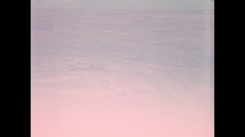 1960s: Aerial view of military ICBM complex in desert.