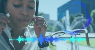 Animation of scope scanning and music graphic equalizer over woman using earphones. digital interface, connection and communication concept digitally generated video.