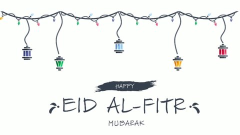 greeting eid al fitr Mubarak, decorated with lanterns and lamps.  for islam, ramadan, eid.  simple flat motion graphic full hd animation.