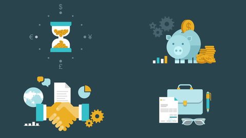 Flat style animated concept icons set of finance, money,  time saving, partnership, cooperation, contract.