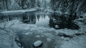 A current of river makes pieces of ice rotating. Time lapse video, Southern Norway
