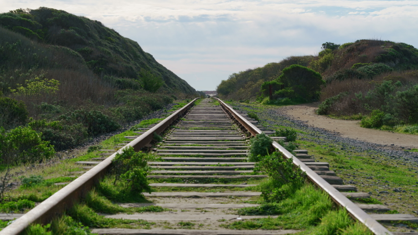 Time lapse tracking shot of abandoned railroad at Davenport, California