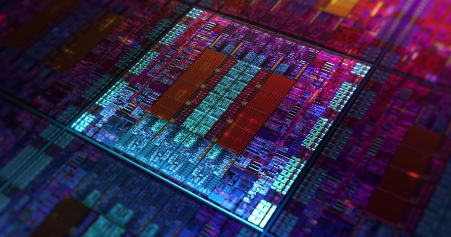 Futuristic microchip processors on wafer with data neon lights. Hardware technology concept, Computer component lights. 4K loop, 3D rendering	 | Shutterstock HD Video #1069812616