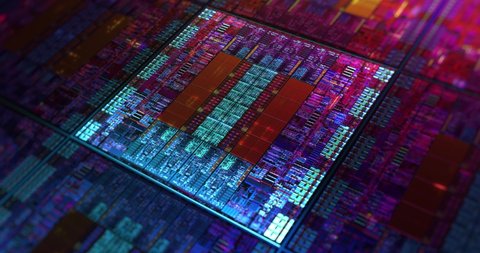 Futuristic microchip processors on wafer with data neon lights. Hardware technology concept, Computer component lights. 4K loop, 3D rendering	