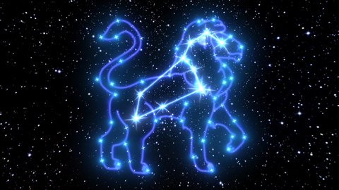 The zodiac sign Leo is a constellation of bright stars connected by glowing lines. Animation of the star sign of the zodiac in the cosmic night sky. The symbol of the constellation and horoscope.