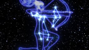 The zodiac sign Sagittarius is a constellation of bright stars connected by luminous lines. Animation of the star sign of the zodiac in the cosmic sky. The symbol of the constellation and horoscope. - Powered by Shutterstock - Get 15% off with code: PIKWIZARD15