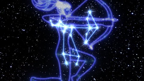 The zodiac sign Sagittarius is a constellation of bright stars connected by luminous lines. Animation of the star sign of the zodiac in the cosmic sky. The symbol of the constellation and horoscope.