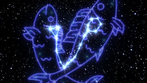 The Pisces zodiac sign is a constellation of bright stars connected by glowing lines. Animation of the star sign of the zodiac in the cosmic night sky.  Constellation and horoscope symbol.