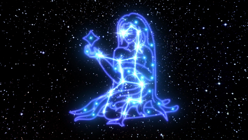 The zodiac sign Virgo is a constellation of bright stars connected by luminous lines. Animation of the star sign of the zodiac in the cosmic night sky. The symbol of the constellation and horoscope.