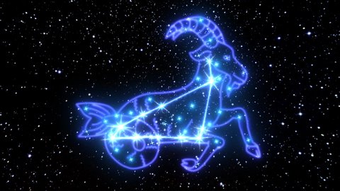 The zodiac sign Capricorn is a constellation of bright stars connected by luminous lines. Animation of the star sign of the zodiac in the cosmic night sky. Constellation and horoscope symbol.