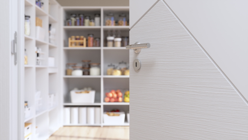 3d Rendering of View Through The Open Door Into The Storage Room With Organised Pantry Items, Nonperishable Food Staples, Preserved Foods, Healthy Eating, Fruits And Vegetables | Shutterstock HD Video #1069817692