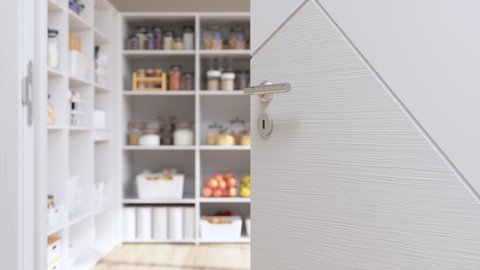 3d Rendering of View Through The Open Door Into The Storage Room With Organised Pantry Items, Nonperishable Food Staples, Preserved Foods, Healthy Eating, Fruits And Vegetables
