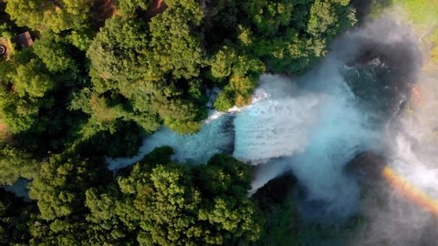 Aerial top down view. Water discharge, strong, maximum flow. Rainbow. The Cascata delle Marmore is a the largest man-made waterfall. Terni in Umbria Italy. Hydroelectric power plant