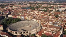 Point of interest at the Arena of Verona. Aerial view of Verona city center, Italy. City panoramic landscape. Aerial drone panoramic video from iconic city of Verona. 