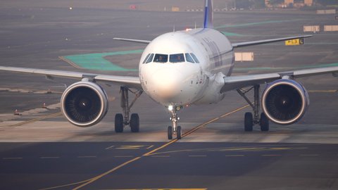 Mumbai, Maharashtra, India - February 24, 2021: Airbus A320neo of India's low cost carrier GoAir arriving at Mumbai Airport