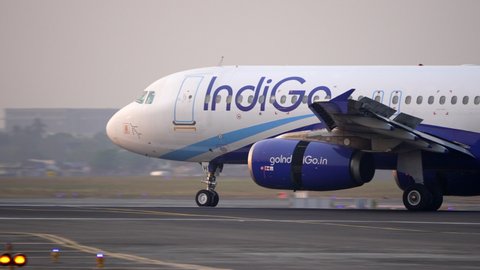 Mumbai, Maharashtra, India - February 25, 2021: Indigo airlines Airbus320 landing at Mumbai Airport