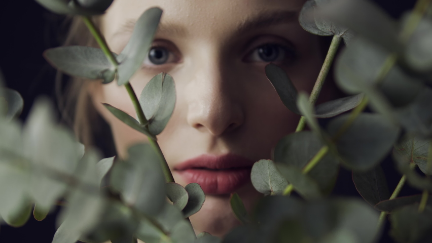 Woman's face with clean skin and natural make-up among eucalyptus branches on a dark background. Advertising of natural cosmetics and beauty products. Skin care. Eucalyptus Hydrolat. Royalty-Free Stock Footage #1069824733