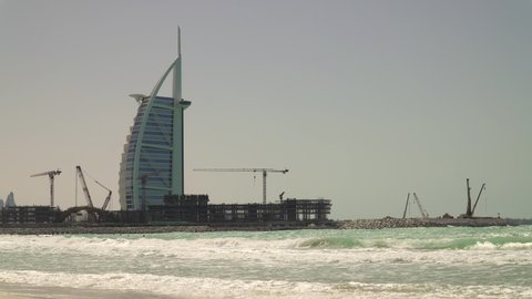 DUBAI, UAE - CIRCA 2021: The Burj Al Arab, a luxury hotel and important landmark of Dubai