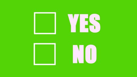 yes no answer questionnaire animation against green screen. Tick sign or cross on yes box to agree and on no box to disagree.