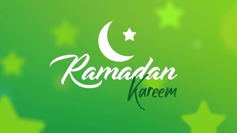 Ramadan Kareem being written in a script font - With crescent moon and stars on a green background