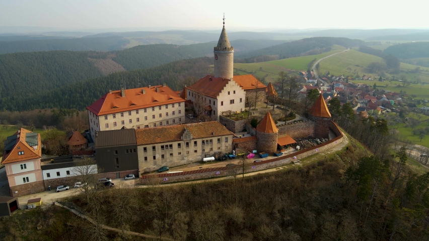 Aerial view of the castle Leuchtenburg in east Germany on a sunny day in early spring.