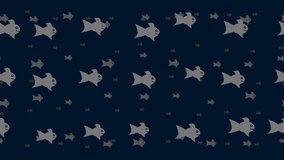 Gold fish symbols float horizontally from left to right. Parallax fly effect. Floating symbols are located randomly. Seamless looped 4k animation on dark blue background