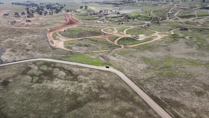 birds eye view of Prairie City Off-Highway motor vehicle recreation area in California in the Spring time.