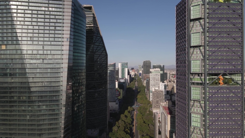 Mexico City Skyscrapers, Aerial View. Flying Between Downtown Towers and Reforma Avenue on Sunny Day, Drone Shot Royalty-Free Stock Footage #1069836058