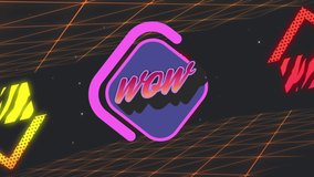 Animation of wow text over purple diamond shape with glowing shapes and orange grid. retro video game concept digitally generated video. - Powered by Shutterstock - Get 15% off with code: PIKWIZARD15