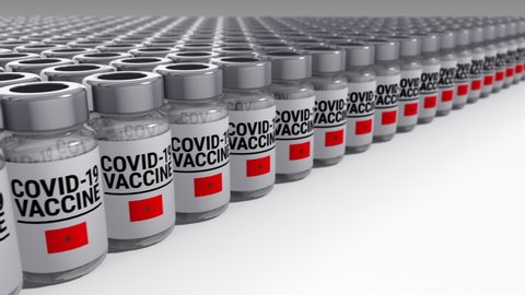 Seamless looping 3D animated bottles with covid-19 vaccine and the flag of Morocco in 4K resolution 