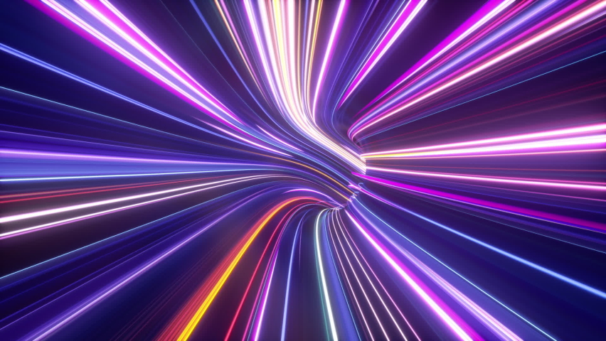 Cycled animation of flight inside the hyperspace tunnel, abstract cosmic neon background. Bright rays and glowing lines. Network data inside optic fiber, speed of light, space and time strings | Shutterstock HD Video #1069851109