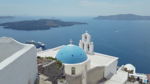 Three Bells of Fira Church, Theodoroi is famed for its three bells, blue dome, and picturesque caldera views, Santorini, Greece