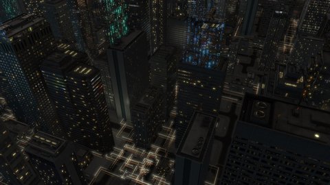 3D background with a modern night city, moving techno objects. Connections, social networks and interactions within the metropolis.