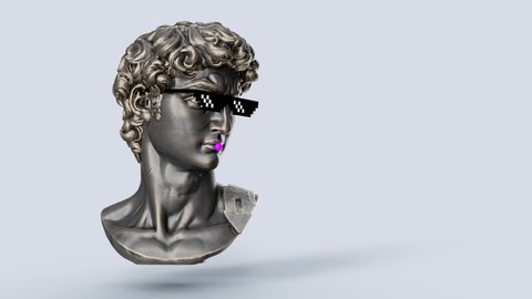 statue of david with 8 bit glasses turns and pops the gum
