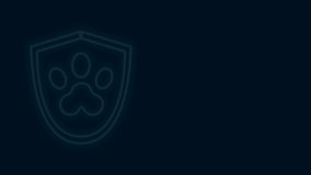 Glowing neon line Animal health insurance icon isolated on black background. Pet protection icon. Dog or cat paw print. 4K Video motion graphic animation.