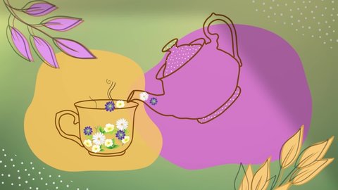 Flower Tea Animation. Teapot Rises and Pours Flower Tea into a Cup