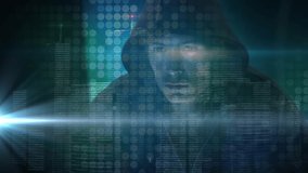 Animation of flickering green spots of light and cityscape over hacker in hood looking around. online security cyber attack concept digitally generated video.